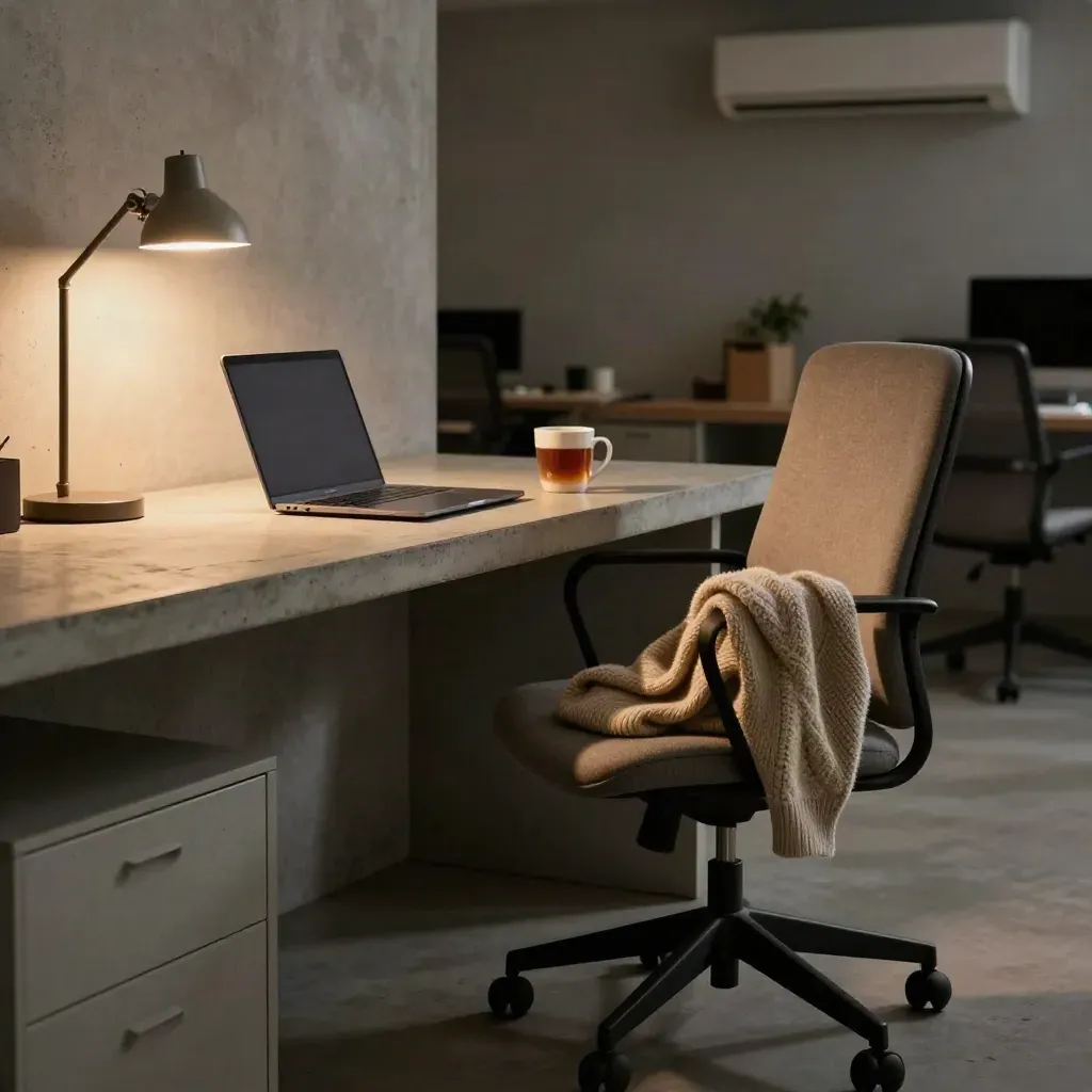 Sedia da ufficio, laptop chiuso, tazza e maglione su scrivania in cemento, luce serale