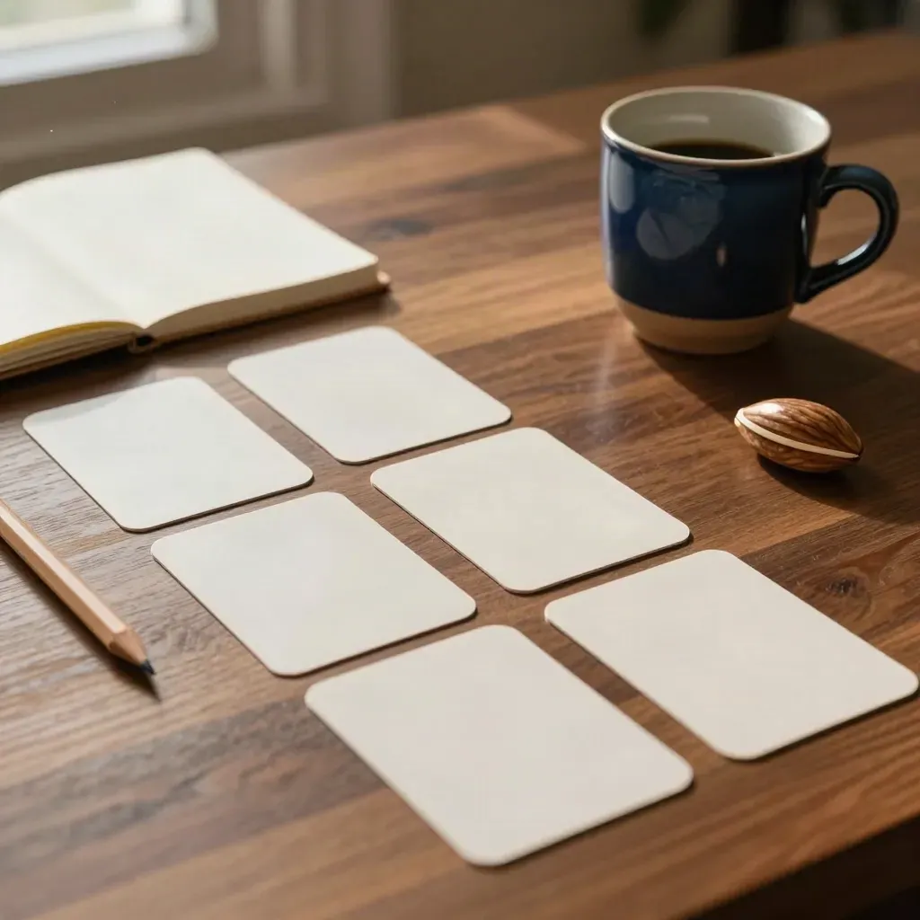 Carte da memoria, quaderno chiuso, tazza blu e noce su tavolo di legno.