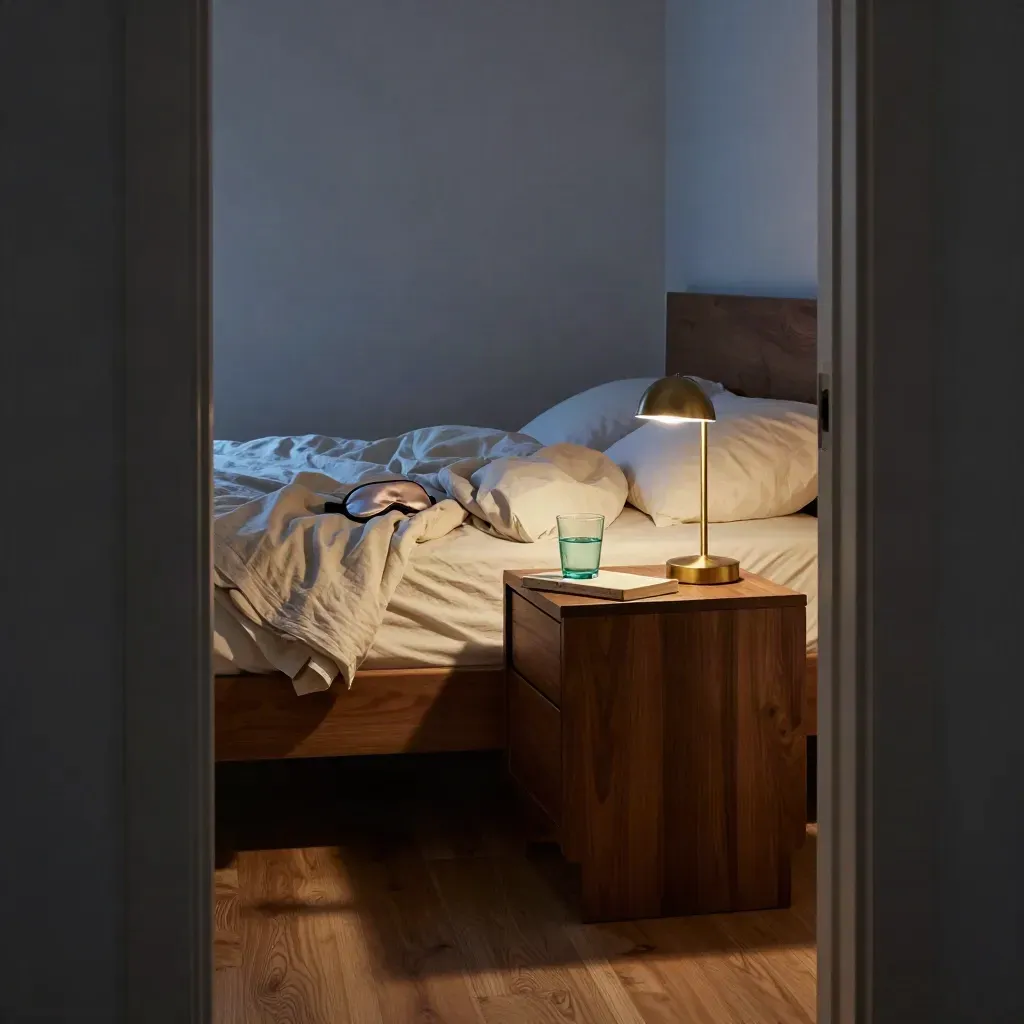 Camera da letto notturna con comodino, mascherina da sonno, libro, bicchiere d’acqua e lenzuola stropicciate.