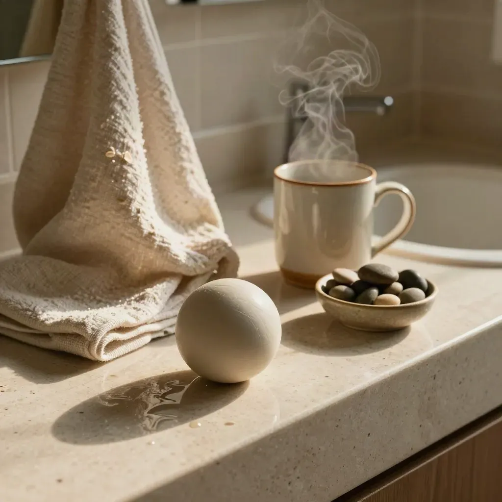 Lavabo in travertino con pallina antistress, tazza e asciugamani tra vapori caldi.