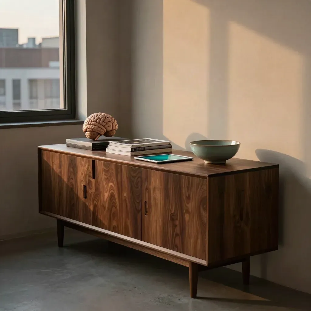 Sideboard con cervello, riviste chiuse, tablet spento e ciotola al crepuscolo cittadino.