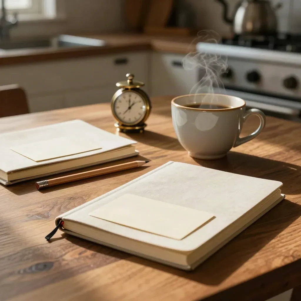 Tavolo da cucina con timer, tazze, quaderni chiusi e carte capovolte nella luce calda.