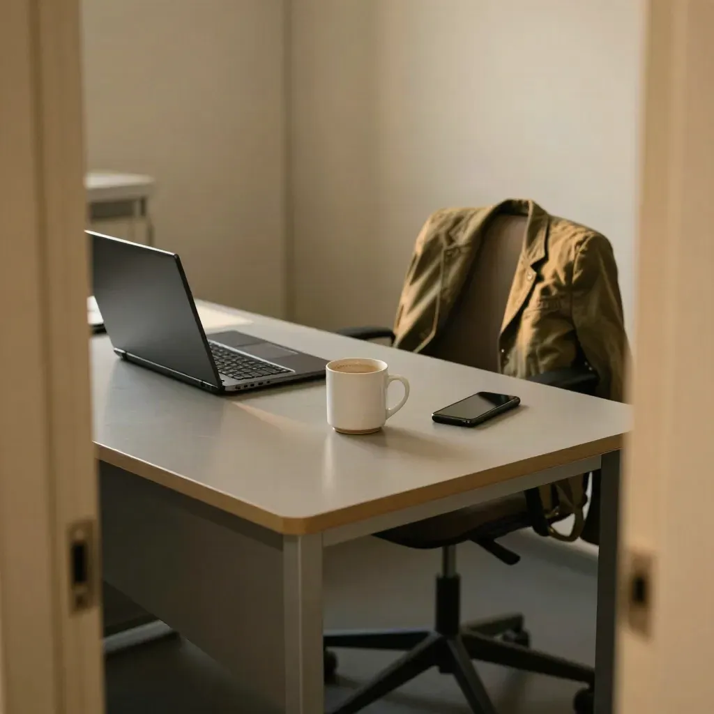Scrivania d’ufficio vuota con laptop chiuso, tazza bianca, telefono e giacca sulla sedia.