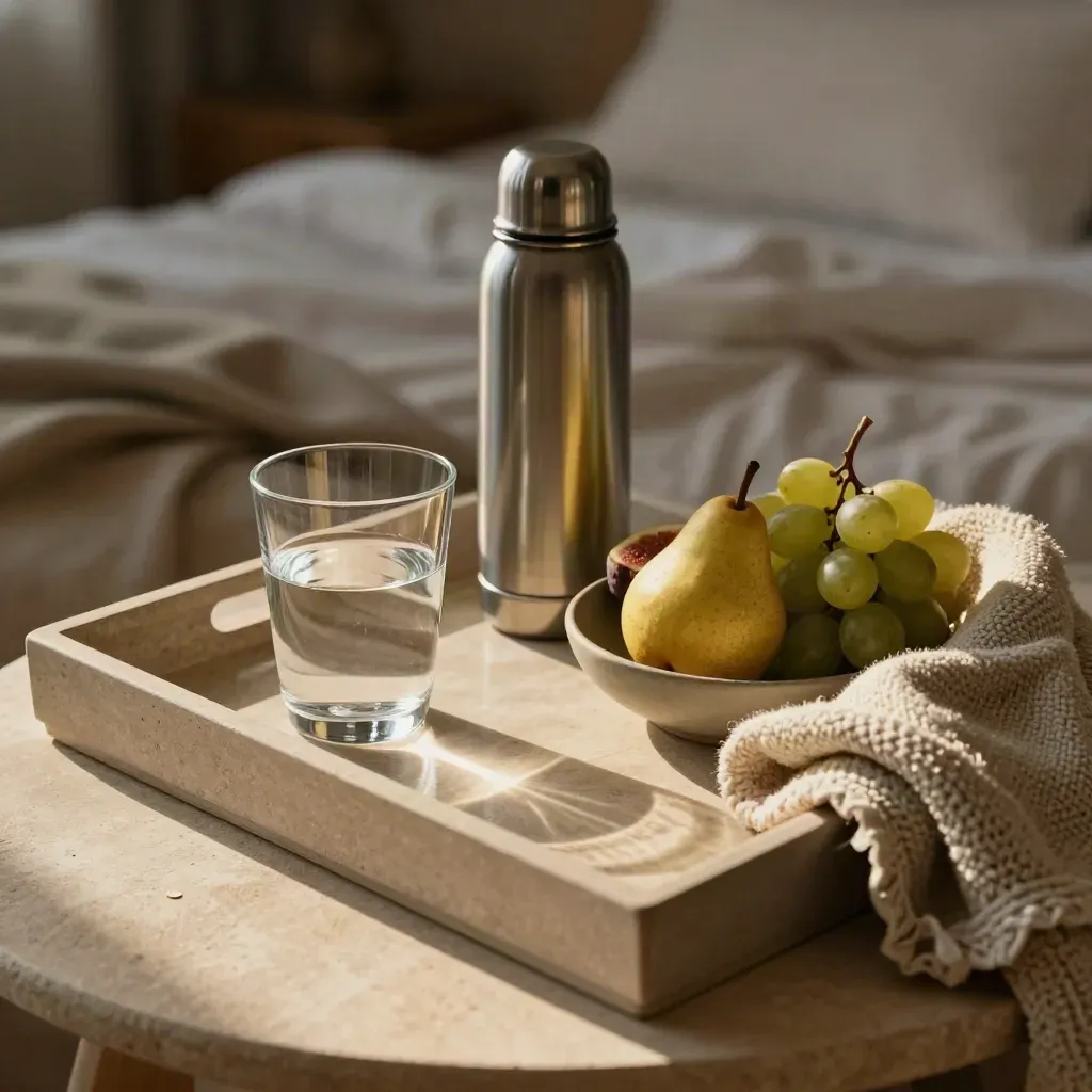 Vassoio di cura all’alba con acqua, thermos, coperta piegata e frutta su tavolino chiaro.