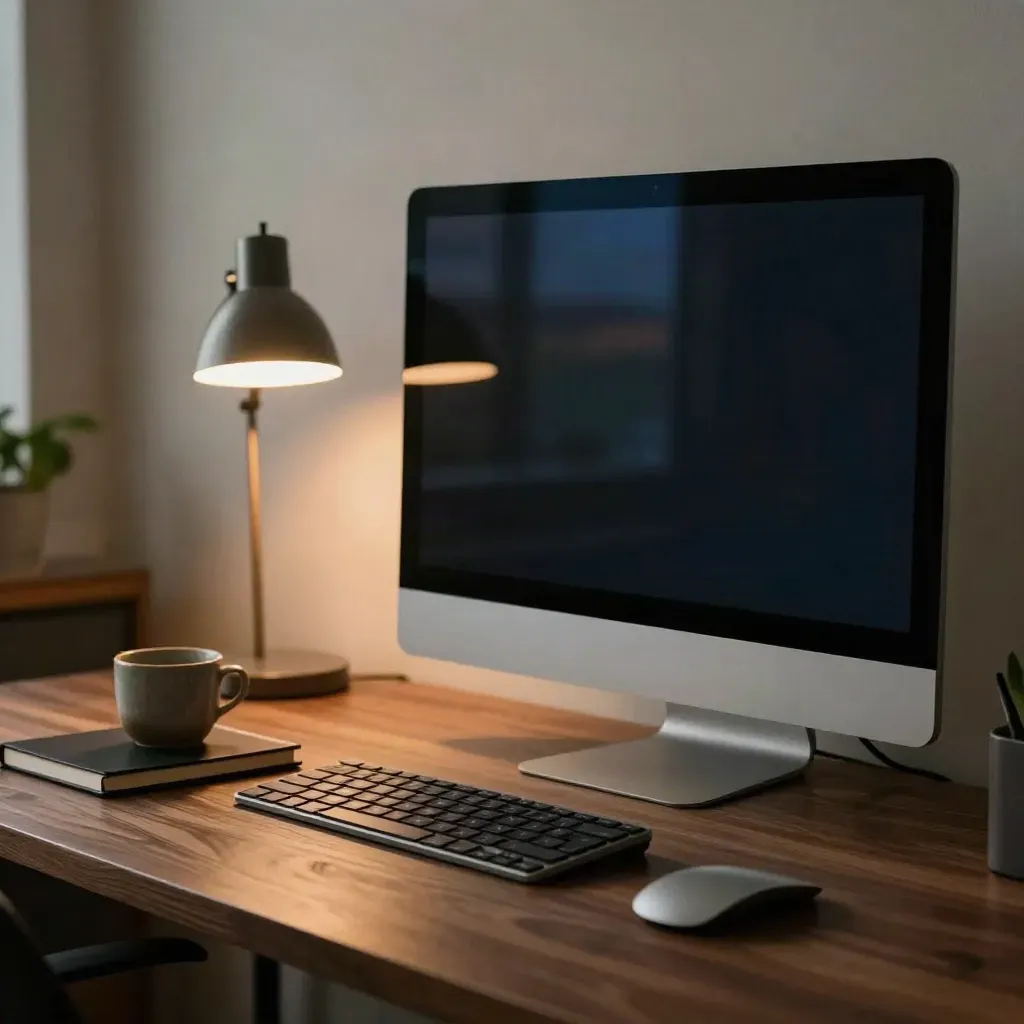 Monitor spento, pianta, taccuino chiuso, tazza in ceramica e lampada su una scrivania al crepuscolo.