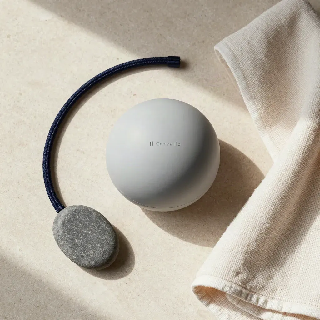 Flatlay dall'alto con pallina antistress, corda, ciottolo e asciugamano su pietra chiara.
